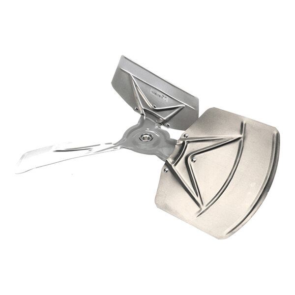 A metallic, three-blade propeller fan with a central mounting hub and reinforced blade surfaces.