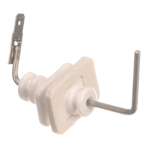 A white ceramic insulator with a metal rod and terminal, likely an electrode component.