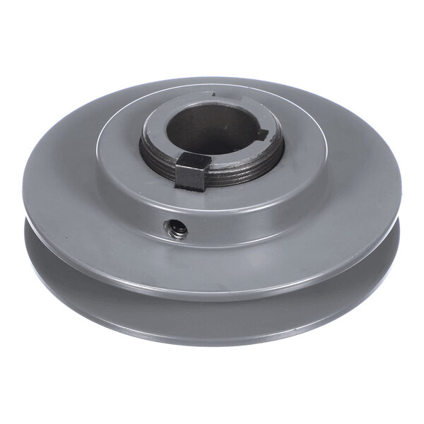 A metal sheave with a central bore and a keyway, featuring a smooth, grooved outer edge for a belt.