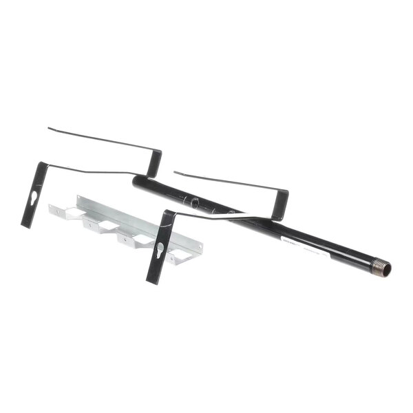 A metal manifold kit with a black tubular component and attached brackets, alongside a separate silver mounting bracket.