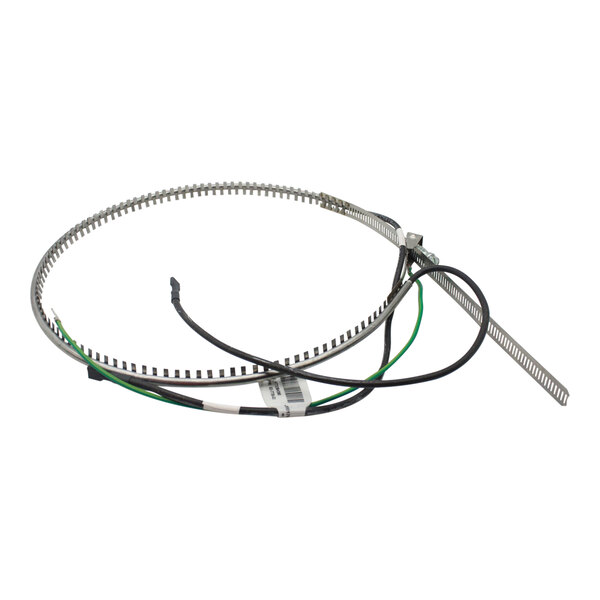 A circular metallic band with evenly spaced notches, attached to several black and green electrical wires.