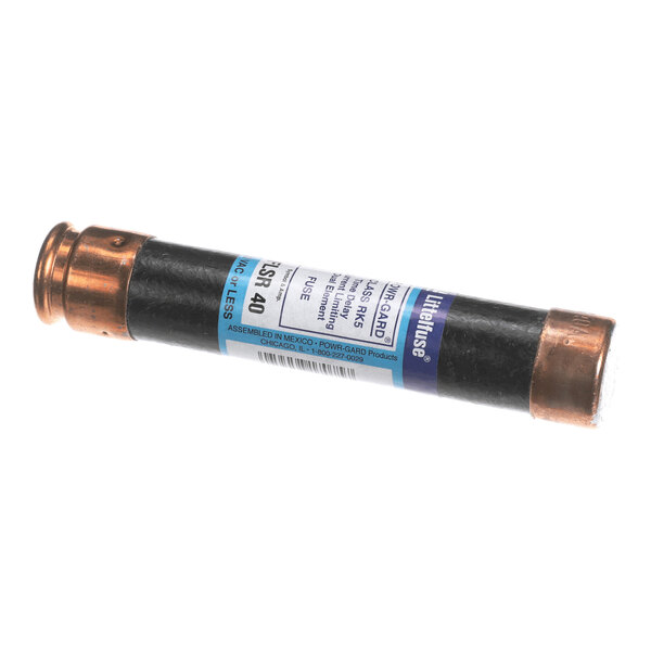 A cylindrical electrical fuse with copper ends and a labeled body, showing specifications and branding.