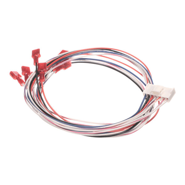 A coiled bundle of multicolored wires with red connectors on one end and a white plastic connector on the other end.