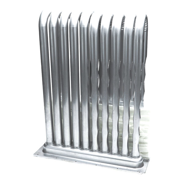 A metallic component with multiple vertical, tubular sections mounted on a base plate.