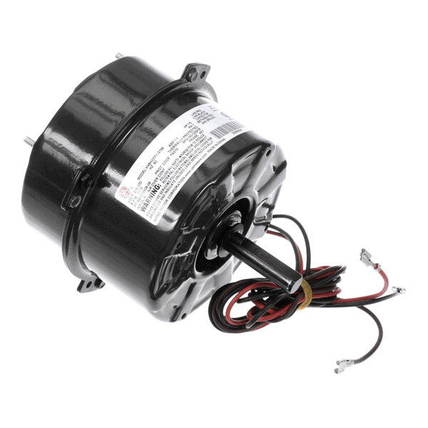 A black cylindrical electric motor with a central shaft and attached red and black wires.
