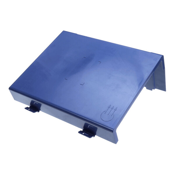 A blue, rectangular plastic panel with angled sides and two clips on the front edge.