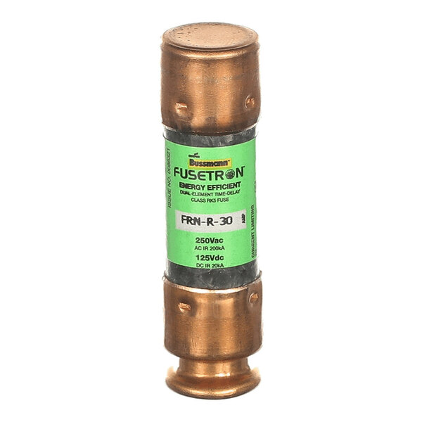 A cylindrical fuse with metallic ends and a green label indicating specifications such as 250V and 30A.