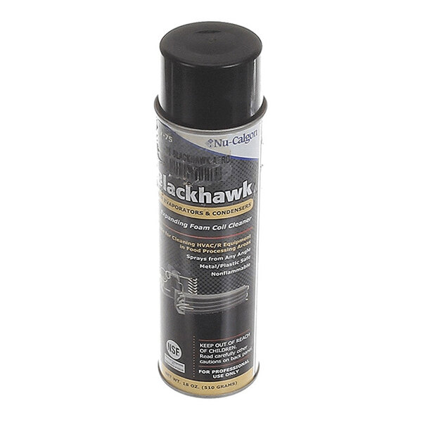 A black aerosol can with a label featuring text and graphics, including the word 'Blackhawk' and usage instructions.