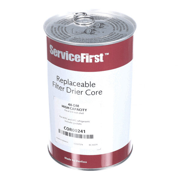A cylindrical metal can labeled 'ServiceFirst Replaceable Filter Drier Core' with a pull-tab lid and product information printed on the front.