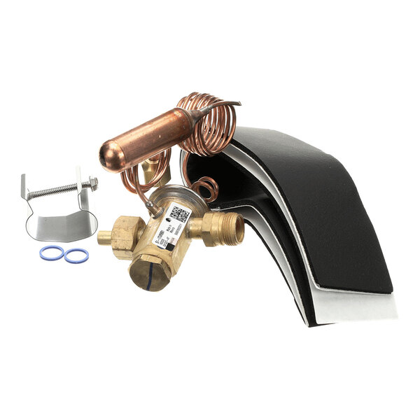 A set of mechanical components including a brass valve with attached copper tubing, two blue O-rings, a metal clamp, and two pieces of black foam insulation.