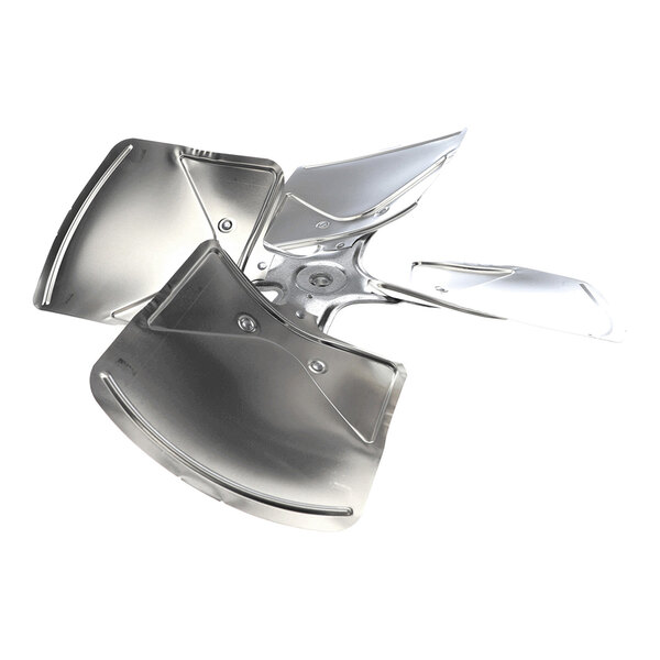 A metallic four-blade fan with a central mounting hub, featuring wide, slightly curved blades.