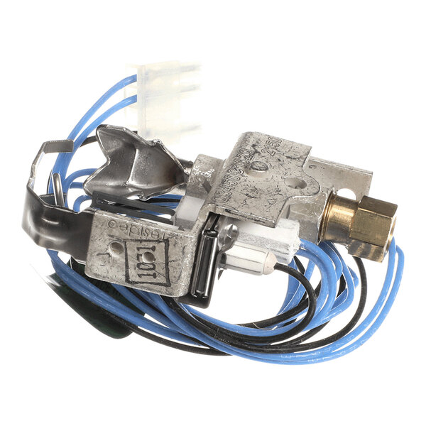 A metal gas pilot assembly with attached blue and black wires and a brass fitting.