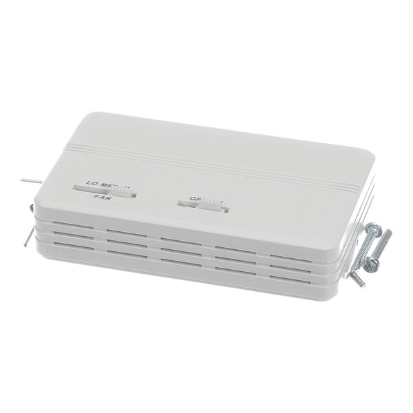 A rectangular white plastic device with two sliding switches and ventilation slots, accompanied by two screws.