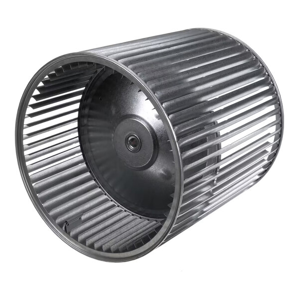 A cylindrical metal blower wheel with evenly spaced blades and a central hub.