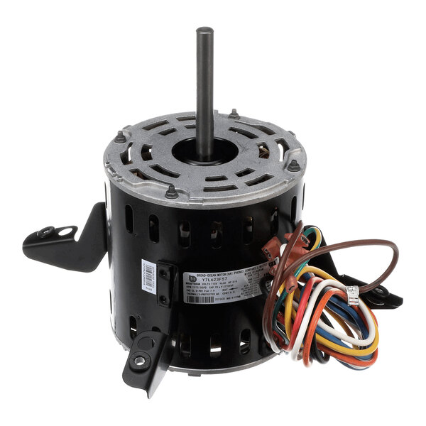 A cylindrical electric motor with a central shaft, mounting brackets, and several colored wires extending from one side.