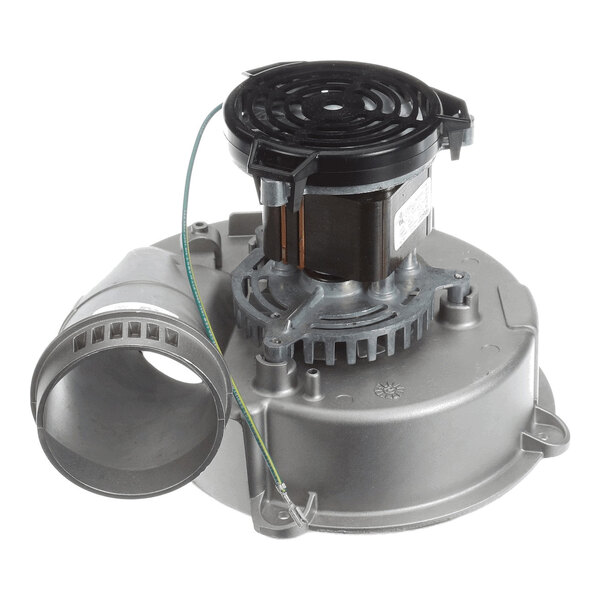 A metallic blower assembly with a cylindrical vent, an attached electric motor, and a protective black grille on top.