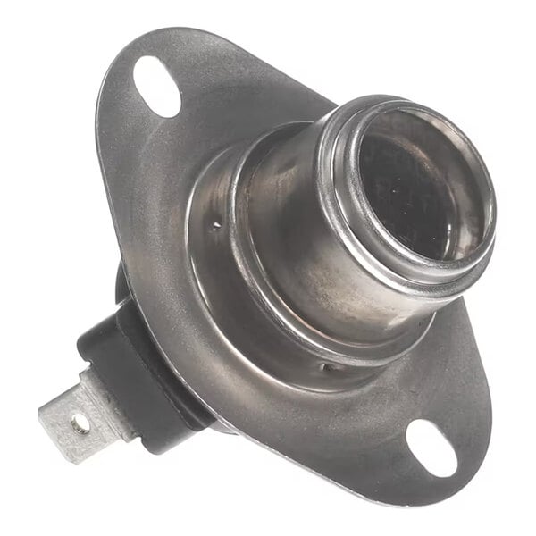 A metallic component with a circular base, two mounting holes, and an electrical terminal, likely part of a mechanical or electrical system.