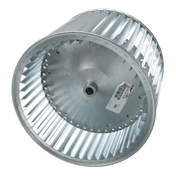 A metal cylindrical fan wheel with multiple evenly spaced blades and a central hub, featuring a barcode sticker on the inner surface.