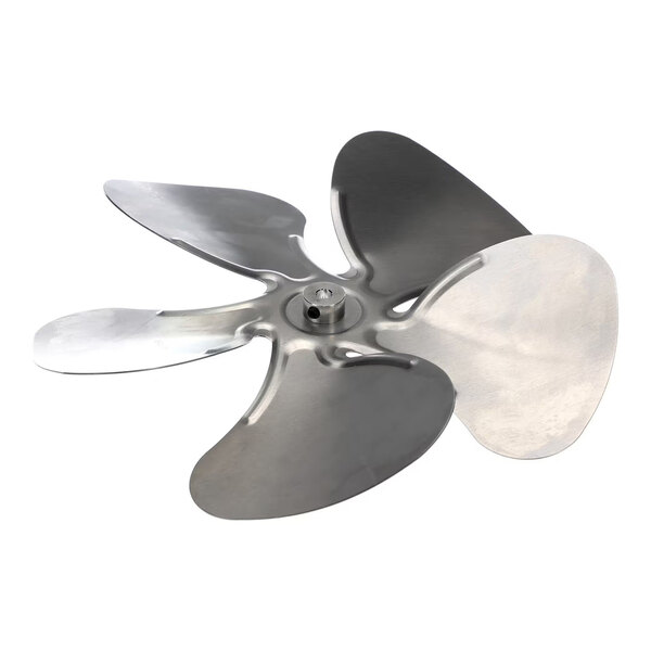 A four-blade metallic fan propeller with a central mounting hub.