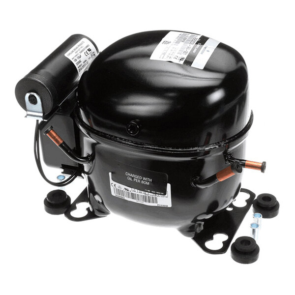 A black, cylindrical mechanical component with attached copper tubes and a mounted base, likely a refrigeration or air conditioning compressor.