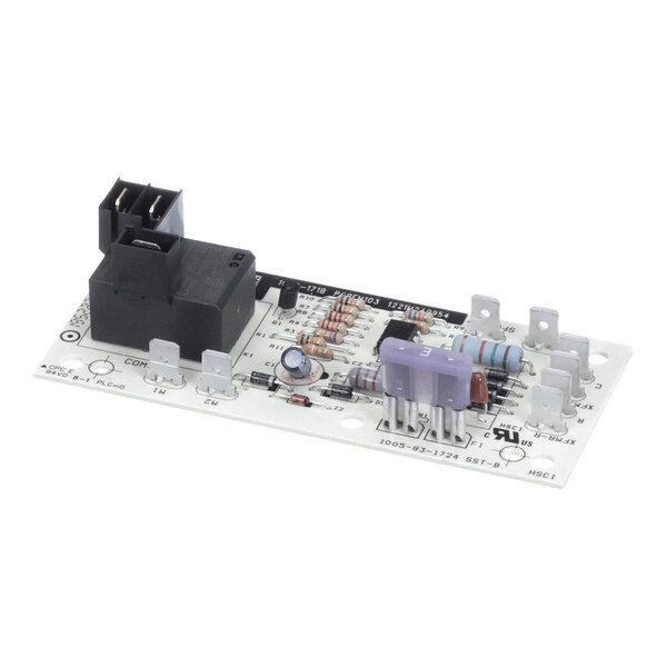 A rectangular electronic circuit board featuring various components such as resistors, capacitors, a relay, and connectors mounted on its surface.