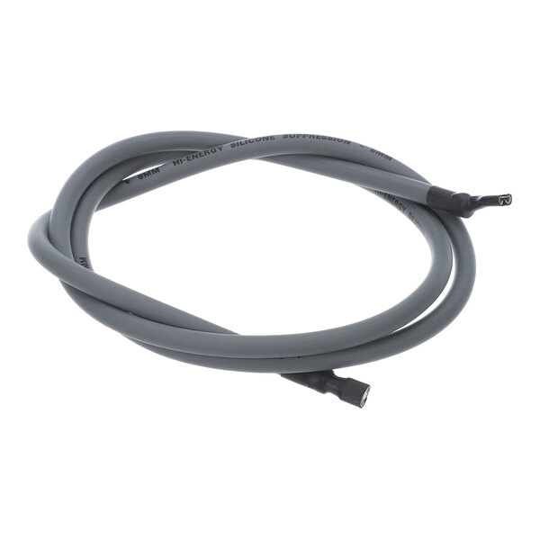 A coiled gray cable with connectors on both ends, featuring printed text along its length.