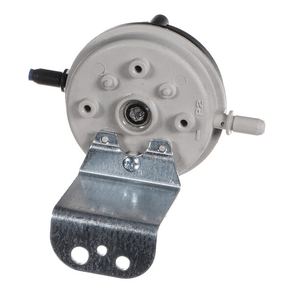 A round, gray pressure switch with a metal mounting bracket and two hose connectors, viewed from the front.
