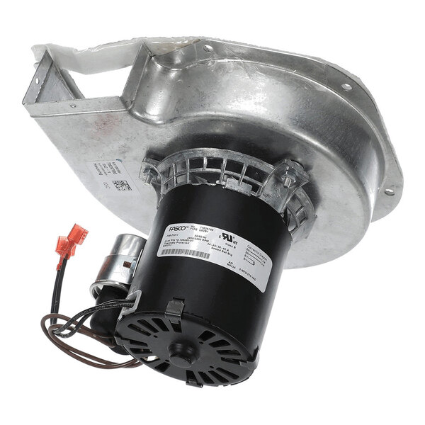 A metal and black electric blower assembly with attached wiring and a label, featuring a round housing and mounting bracket.