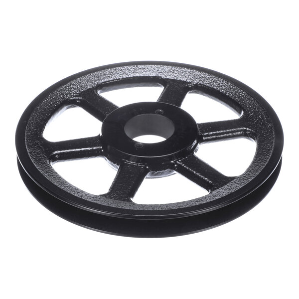 A black metal wheel with six spokes and a central hole, resembling a pulley.