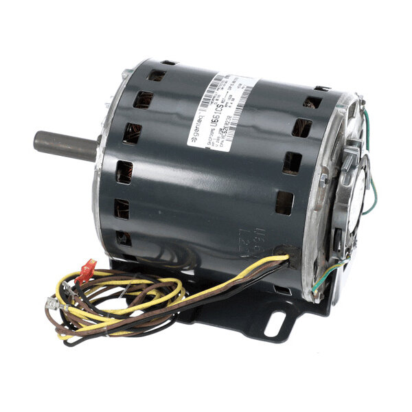 A cylindrical electric motor with a metal housing, visible shaft, ventilation slots, and attached wires.
