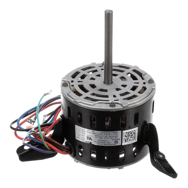 A cylindrical electric motor with a central shaft, multiple colored wires, and mounting brackets visible.