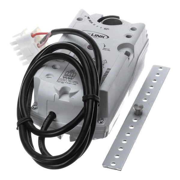 A gray actuator motor with an attached black cable, a white connector, and a perforated metal mounting bracket.