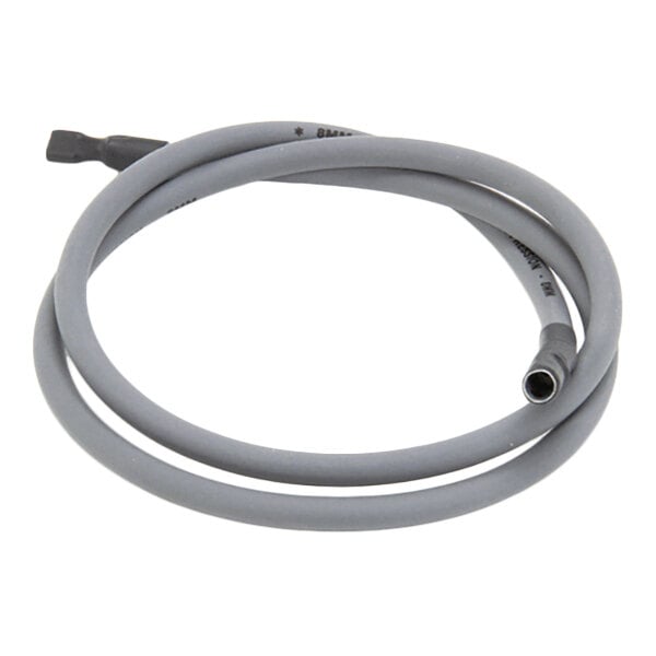 A coiled gray cable with connectors on both ends, one end appearing to be metallic.