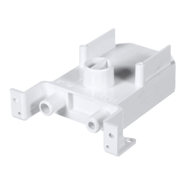 A white plastic component with multiple cylindrical openings and mounting brackets, likely part of a drainage or fluid system.