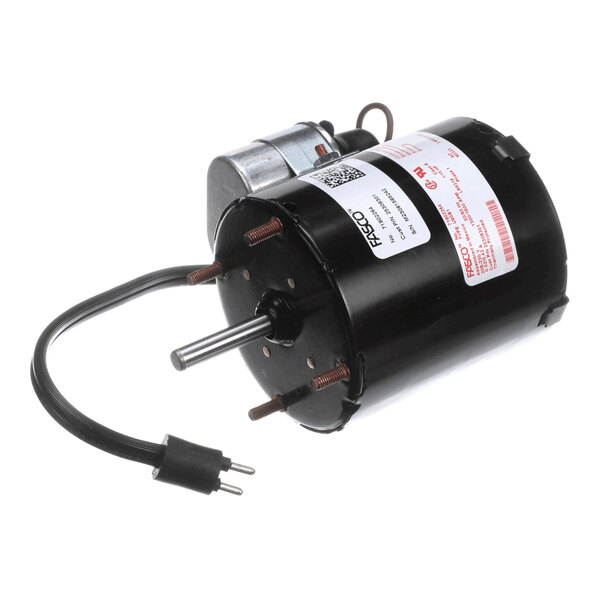 A cylindrical black electric motor with a protruding metal shaft, attached wires, and a label with technical specifications.