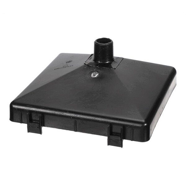 A black, square-shaped plastic component with a raised threaded connector on top and two clips on the front edge.