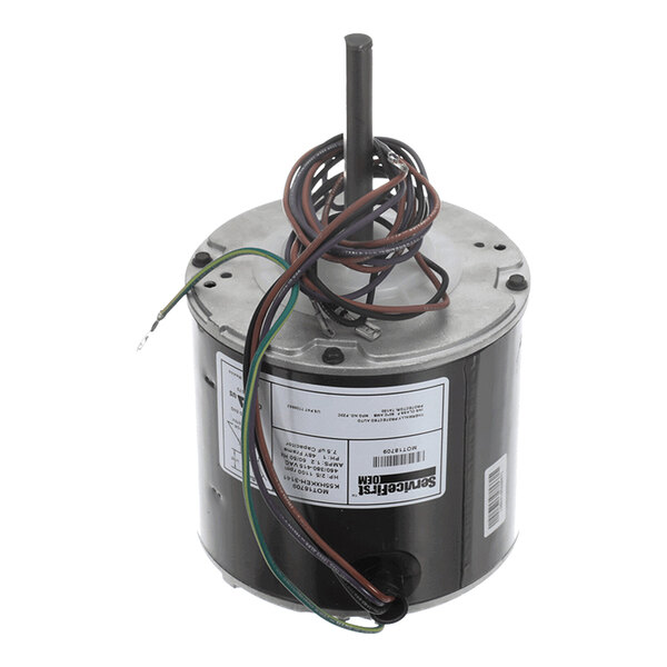 A cylindrical electric motor with a central shaft and several attached wires, shown standing upright on a white background.