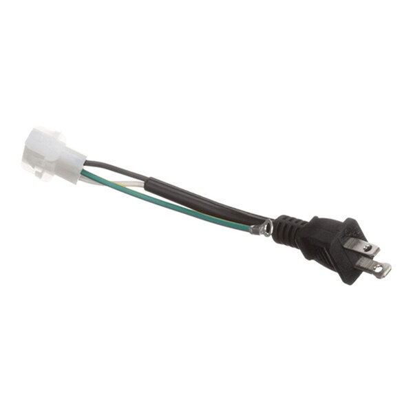 A short electrical adapter cable with a three-prong plug on one end and a white plastic connector on the other, joined by three colored wires.