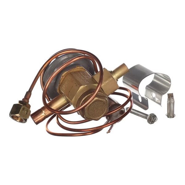 A brass valve assembly with attached copper tubing, a metal clamp, a screw, and a small metal fitting, all arranged on a white background.