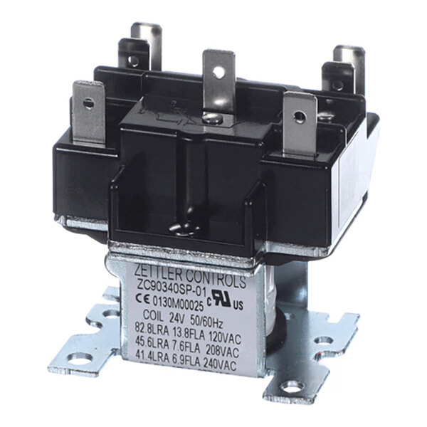 A metal and plastic electrical relay with multiple terminals and a label displaying technical specifications.