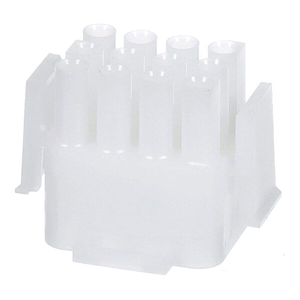 A translucent white plastic connector housing with twelve cylindrical pin slots arranged in two rows.