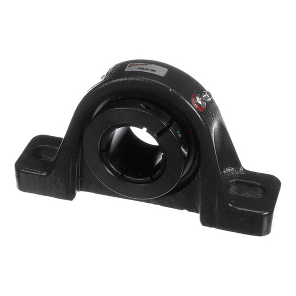 A black metal mounted bearing housing with a central circular opening and two mounting holes on either side.