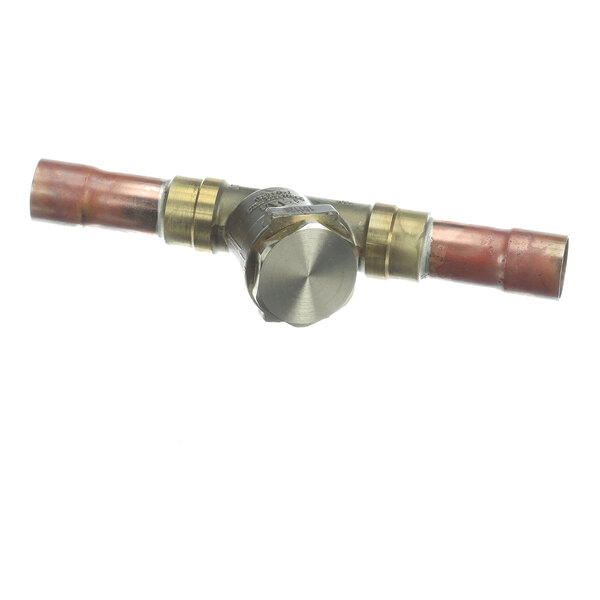 A metal valve with a central hexagonal cap and copper tube extensions on both sides.