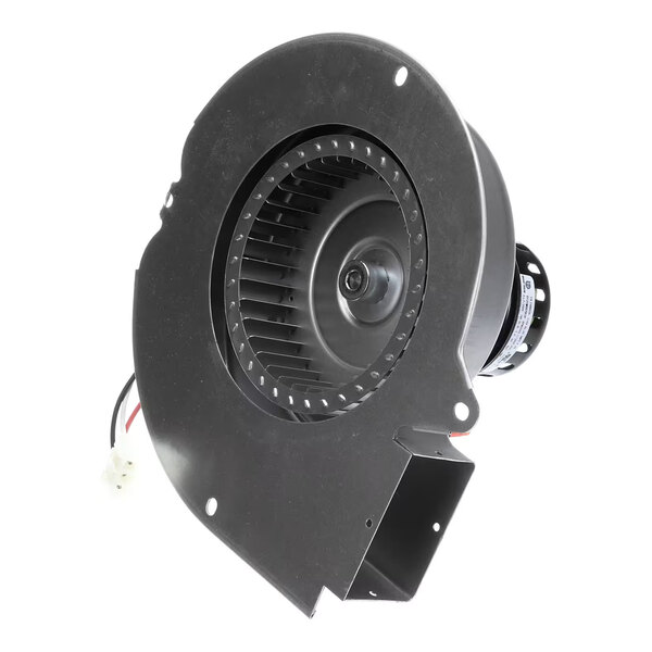 A black, circular blower fan assembly with visible wiring and a plastic housing.