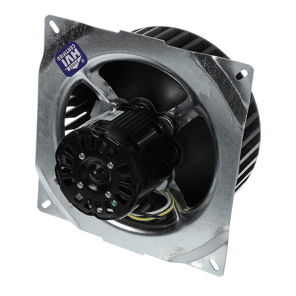 A metal fan assembly with a black motor mounted on a square metal plate, featuring a circular vent and visible wiring.