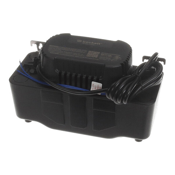 A black electrical device with a coiled cord and mounting brackets, likely a pump or transformer unit.