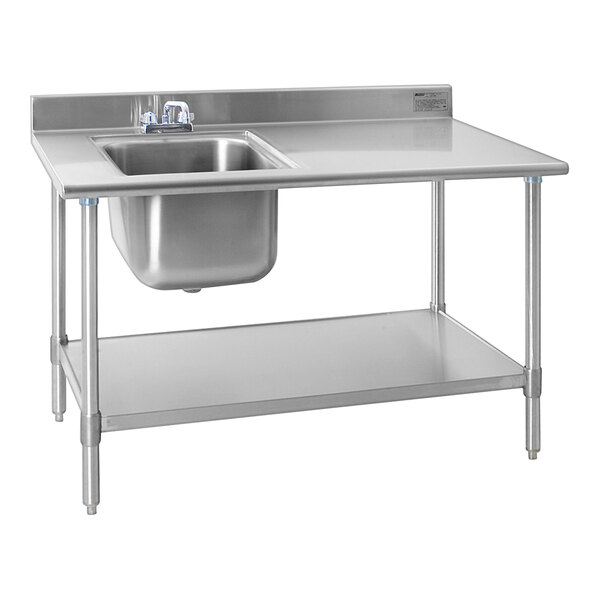 A stainless steel work table with a built-in sink on the left side and an undershelf.