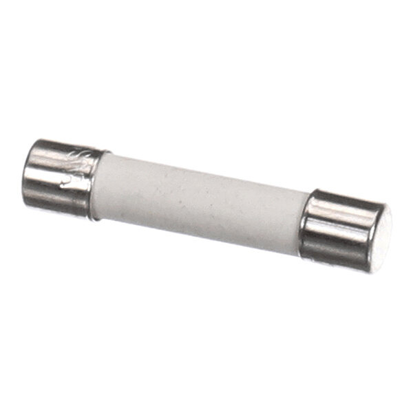 A cylindrical fuse with metallic end caps and a white ceramic body.