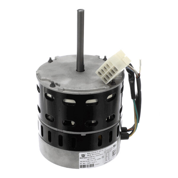 A cylindrical electric motor with a central shaft, ventilation slots, attached wires, and a white connector.