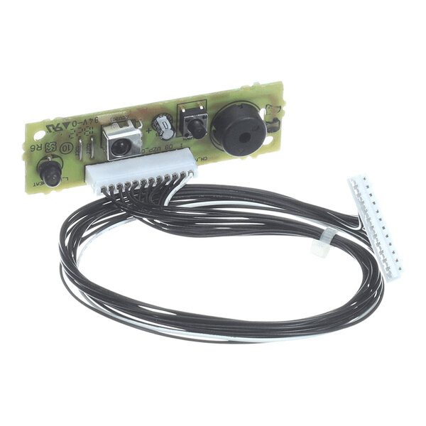 A small electronic circuit board with several components, buttons, and a black round sensor, connected to a bundle of black wires ending in a white connector.